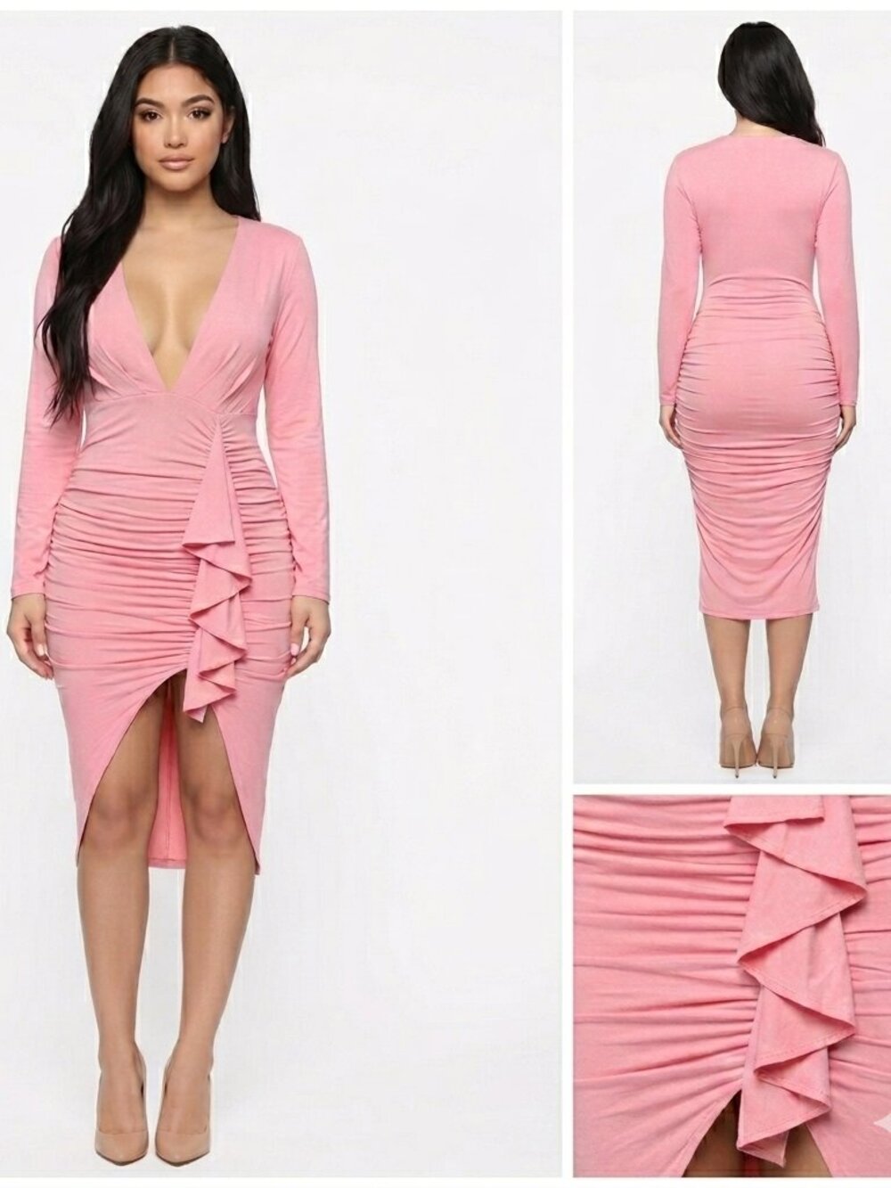 Plunging neckline Pink Ruched Ruffle Front Midi Dress